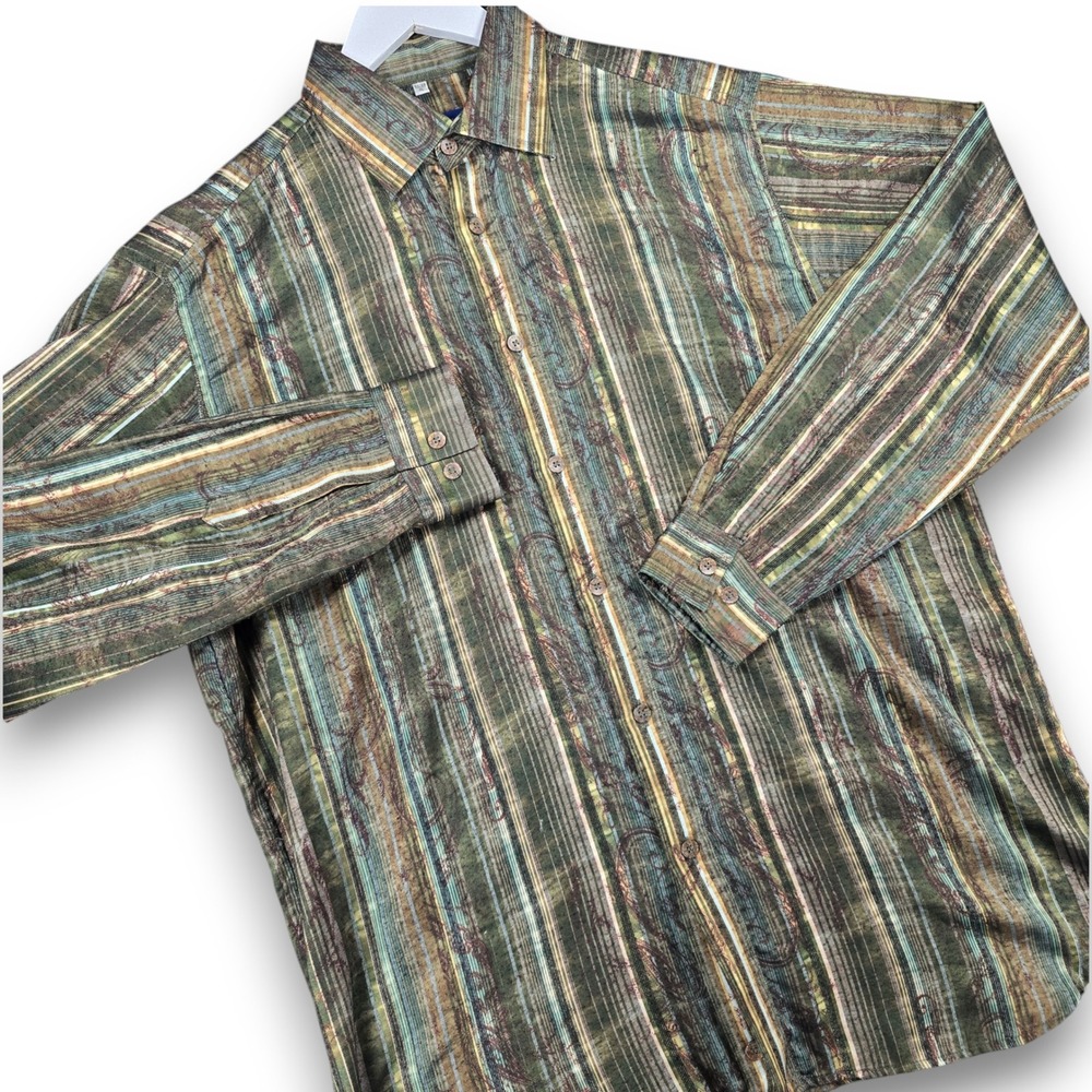 Georg Roth Los Angeles Men XL Shirt Green Stripe Paisley Long Sleeve Button Up